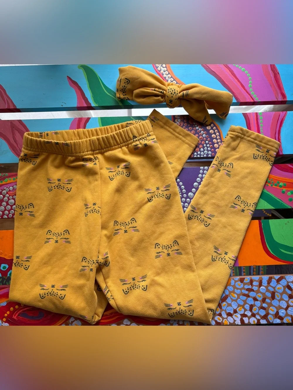 Emma & Elsa Mustard Yellow Cat-Face Leggings with Matching Bow Headband Size 7/8